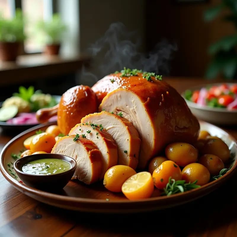 Pabo a la brasa dorado y crujiente sobre una fuente de madera, acompañado de salsa verde de huacatay, papas doradas y ensalada criolla, receta peruana tradicional en horno.