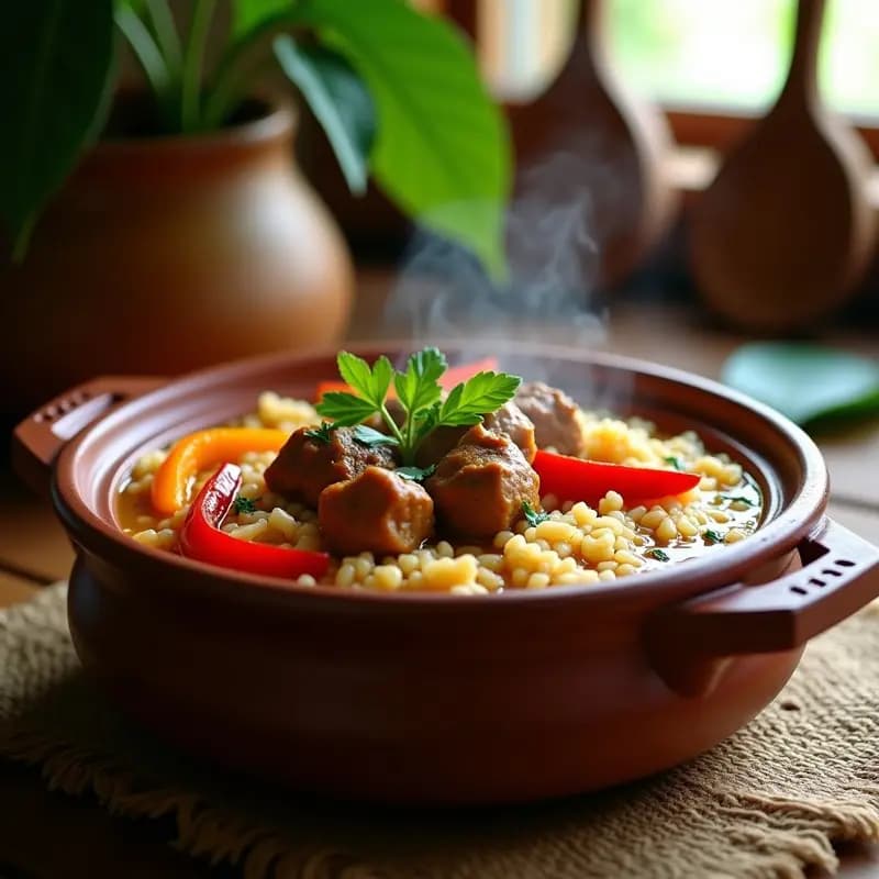Plato hondo de barro con pabo al caldero, trozos de pescado blanco cocido en caldo dorado con arroz, pimientos rojos y amarillos, y hojas de culantro fresco. Receta peruana de la selva en olla tradicional.