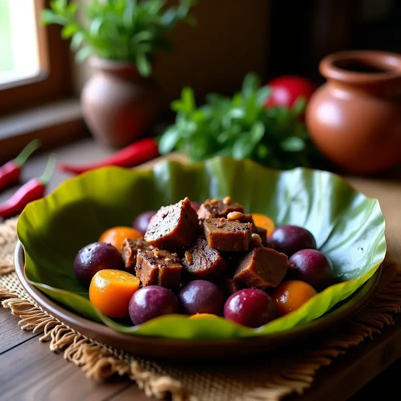Plato tradicional peruano de Pachamanca con cordero tierno, papa morada, camote y oca, cocinados en horno de tierra sobre hojas de plátano, con hierbas aromáticas y ajíes al fondo.