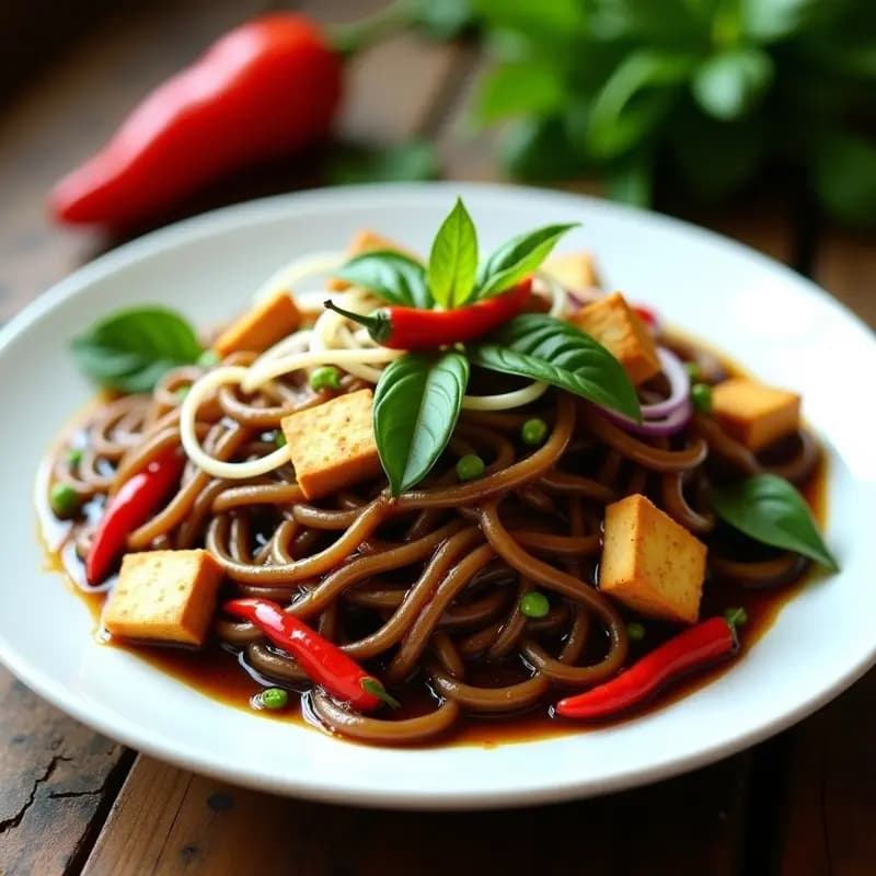Plato de Pad See Ew vegano con fideos de arroz integrales oscurecidos por la salsa de soja, brotes de soja frescos, tofu dorado en tiras, cebolla morada, pimiento rojo y hierba limón. Decorado con albahaca tailandesa y rodajas de chile rojo sobre fondo rústico de madera.