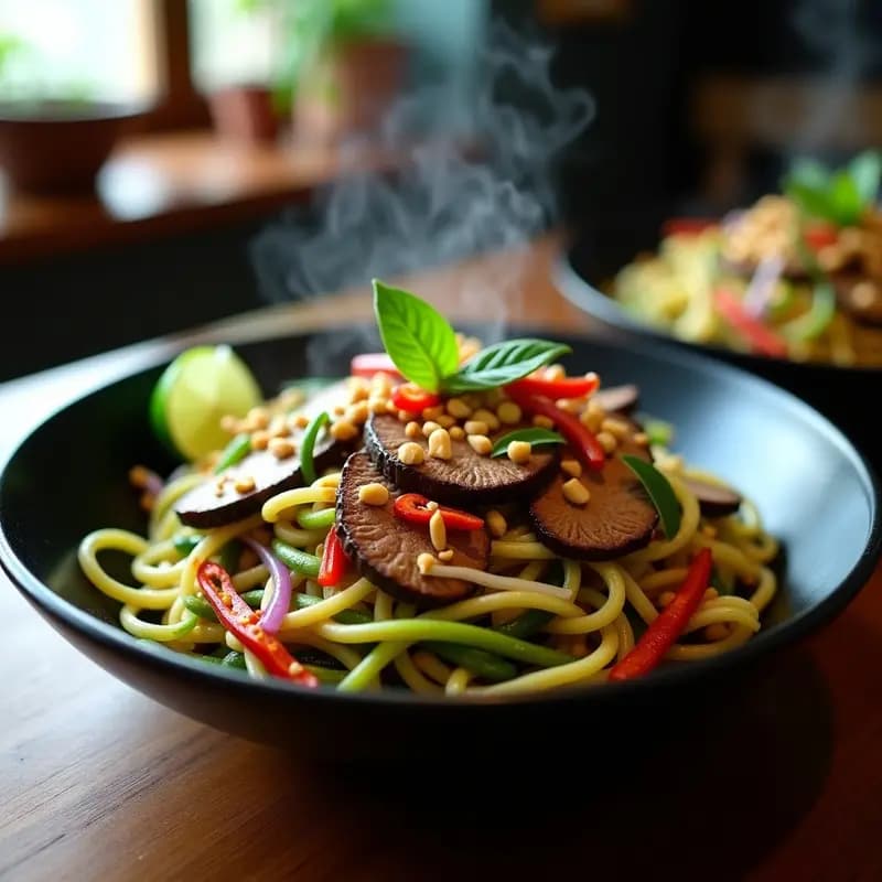 Plato hondo de cerámica negra con Pad See Ew de fideos de calabacín y ternera, salteado con pimiento rojo, cebolla morada y brotes de soja, decorado con cacahuetes picados, albahaca fresca y rodajas de limón. Receta tailandesa low-carb y alta en proteína.