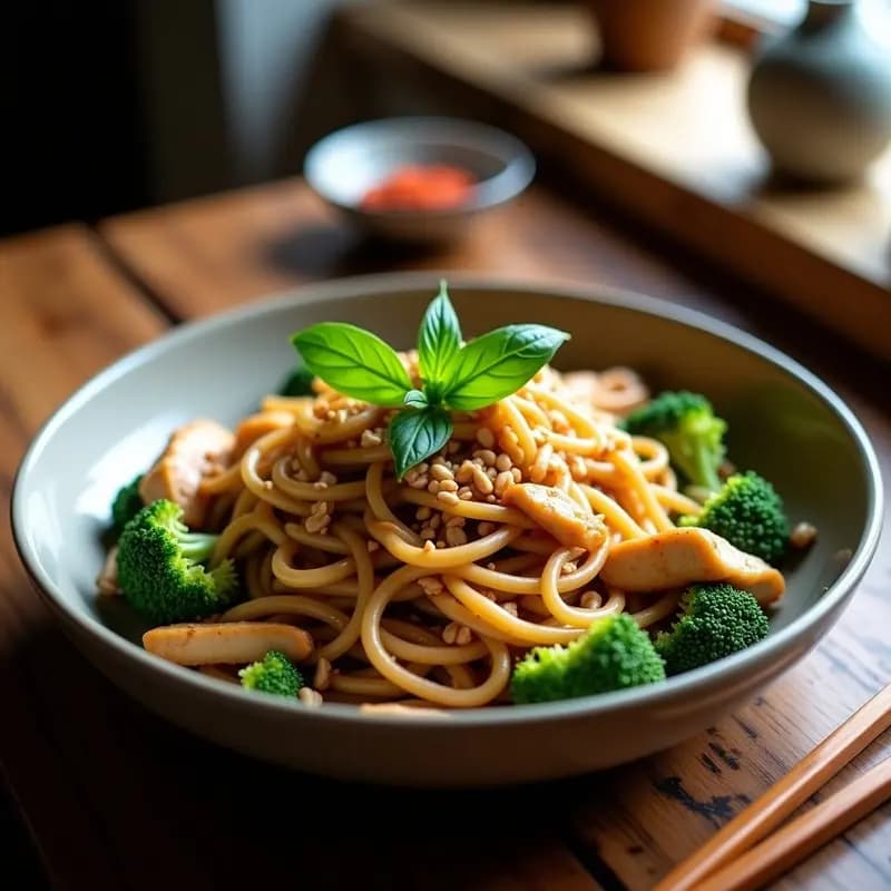 Plato hondo negro con Pad See Ew de fideos de konjac salteados con tiras de pollo dorado, brócoli al dente y huevo revuelto, decorado con albahaca tailandesa y semillas de sésamo. Receta tailandesa keto baja en carbohidratos.
