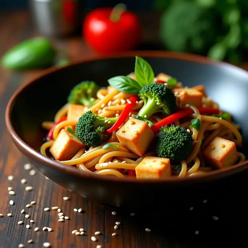 Wok de acero con Pad See Ew vegano: fideos de arroz anchos salteados con tofu ahumado dorado, brócoli verde vibrante, pimiento rojo y cebolla morada. Decorado con albahaca tailandesa fresca y semillas de sésamo tostadas, servido en plato de cerámica oscura con rodaja de limón al lado.