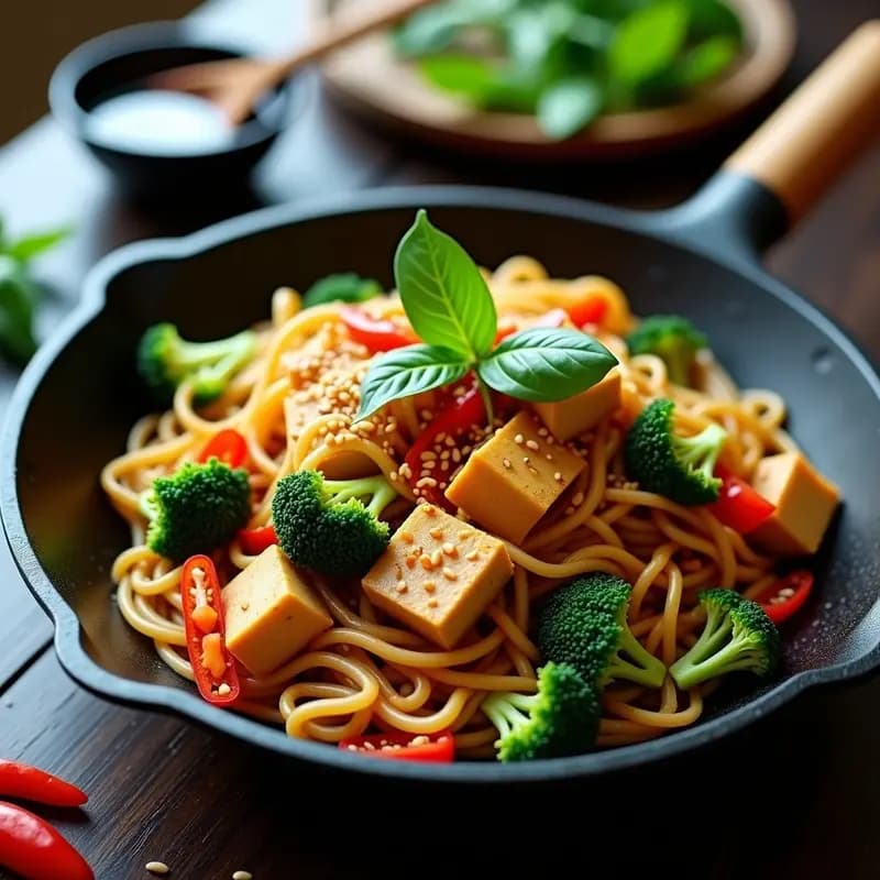 Plato de Pad See Ew vegano con fideos de arroz anchos dorados, tofu crujiente marinado en salsa oscura, brócoli verde vibrante y semillas de sésamo, decorado con hojas de albahaca tailandesa sobre fondo rústico.