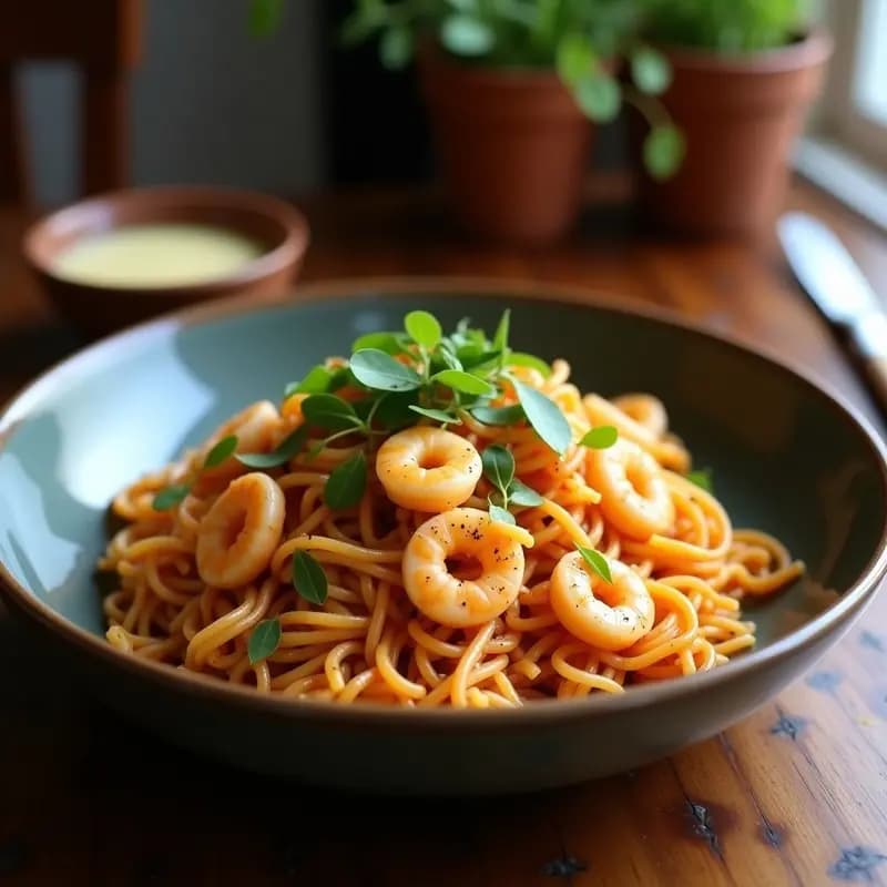 Plato hondo de cerámica blanca con Pad Thai de arroz integral, camarones rosados, brotes de soja, cebolla morada y cacahuetes tostados. Decorado con gajos de lima y hojas de cilantro fresco. Receta tailandesa sin gluten.