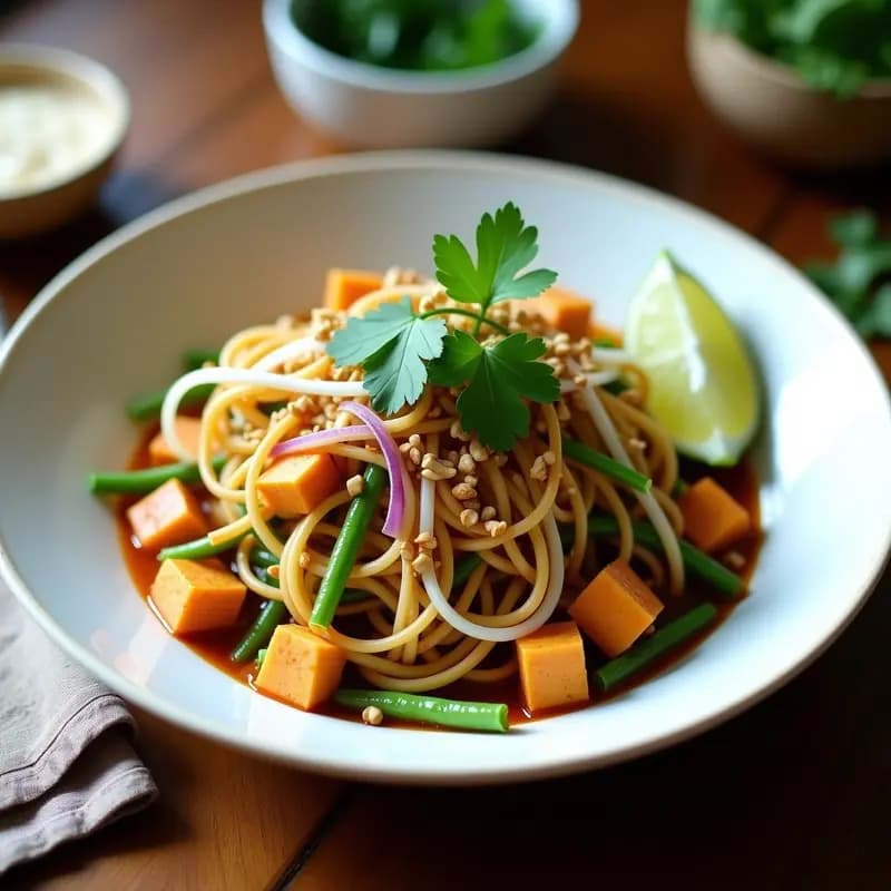Plato hondo de cerámica negra con Pad Thai de calabacín espiralizado, gambas rosadas, trozos de tofu dorado, brotes de soja, cilantro fresco y cacahuetes triturados por encima. Fondo borroso con ingredientes tailandeses como limón, chile rojo y salsa de tamarindo.