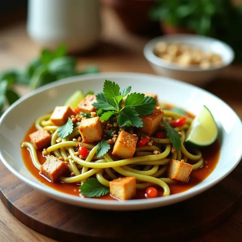 Plato hondo de cerámica negra con Pad Thai de calabacín en juliana y tofu dorado, decorado con brotes de soja, cacahuetes picados, cilantro fresco y rodajas de limón. Receta tailandesa baja en carbohidratos y alta en proteínas.