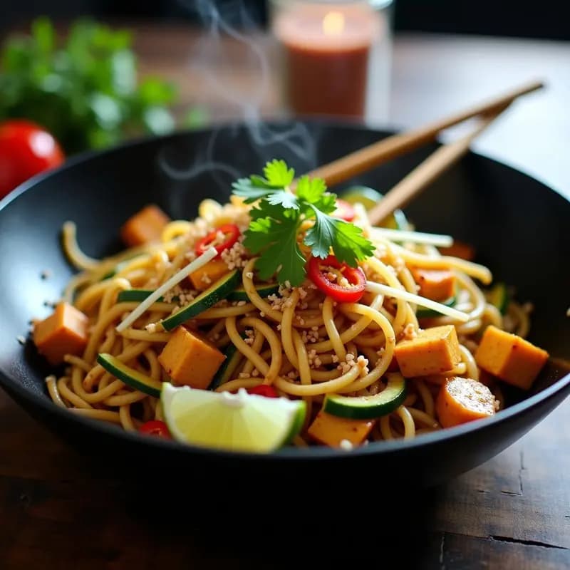 Pad Thai de calabacín espiralizado y tofu dorado en wok, con brotes de soja, cacahuetes tostados y cilantro fresco. Plato colorido y vibrante, estilo tailandés keto y sin gluten, servido en un bol hondo de cerámica con rodaja de limón.
