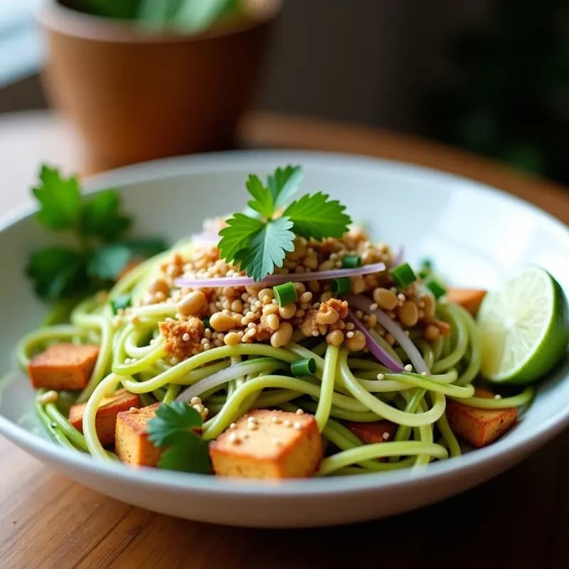 Plato hondo blanco con Pad Thai de calabacín espiralizado verde brillante, tofu dorado en cubos, brotes de soja, cebolla morada, cacahuetes tostados y semillas de sésamo. Decorado con cilantro fresco y gajos de lima, servido sobre fondo de madera rústica.