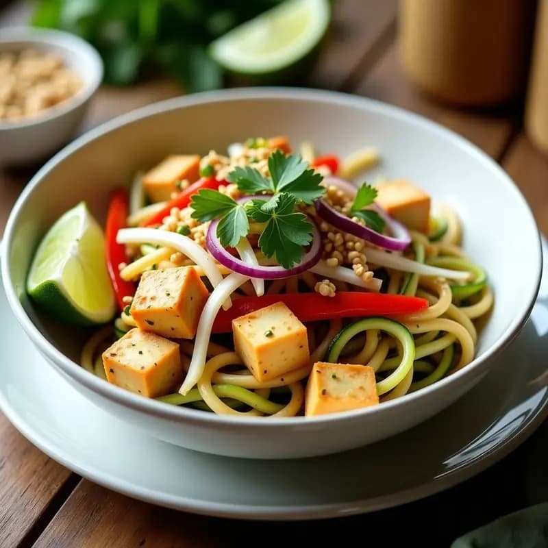 Plato hondo de cerámica negra con Pad Thai de calabacín en tiras doradas, tofu crujiente, brotes de soja y salsa de cacahuete cremosa, decorado con cilantro fresco, semillas de sésamo y gajos de lima. Receta tailandesa low carb.