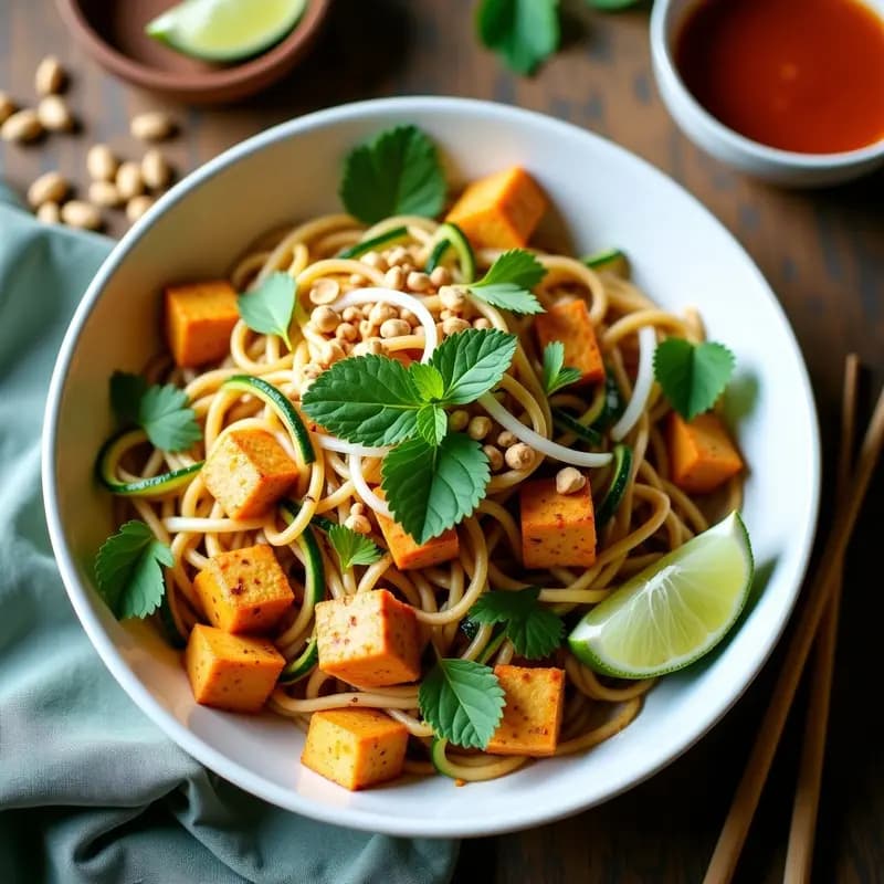 Plato hondo con Pad Thai de calabacín en juliana y tofu dorado, bañado en salsa de tamarindo y cacahuete, decorado con brotes de soja, cebolla morada, cacahuetes triturados y cilantro fresco. Receta tailandesa sin fideos, vegana y alta en proteína.