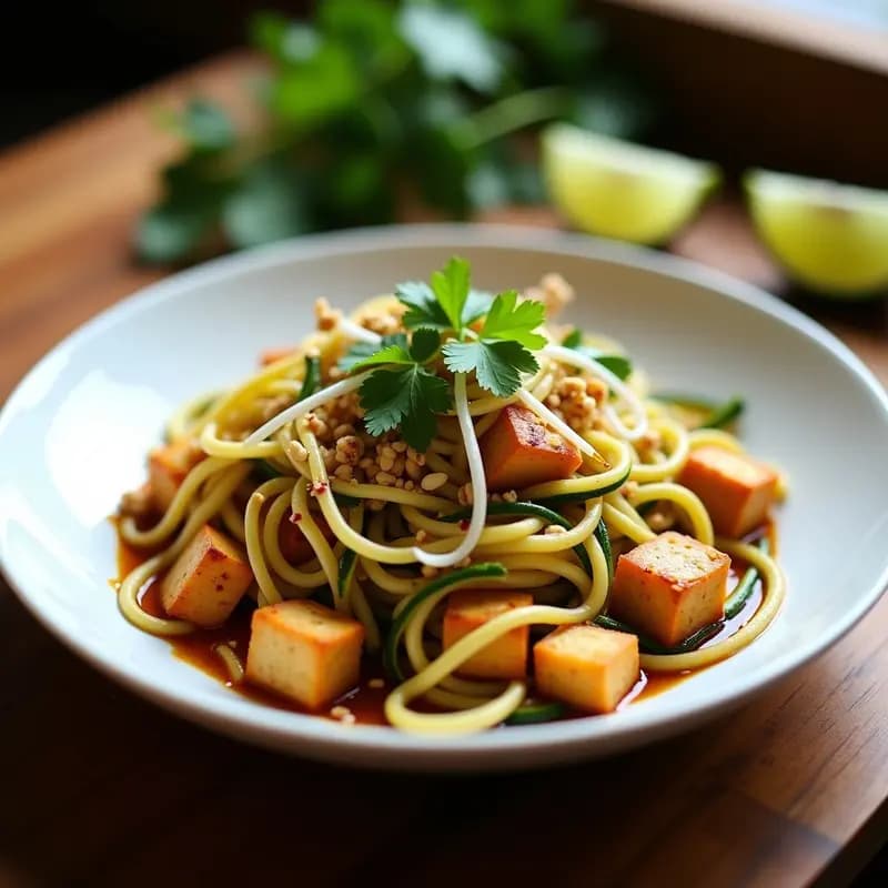 Plato hondo de cerámica blanca con Pad Thai de calabacín espiralizado y tofu dorado, bañado en salsa brillante de tamarindo. Decorado con brotes de soja frescos, cacahuetes picados, cilantro y chile en copos. Fondo de madera rústica y rodajas de lima al lado.