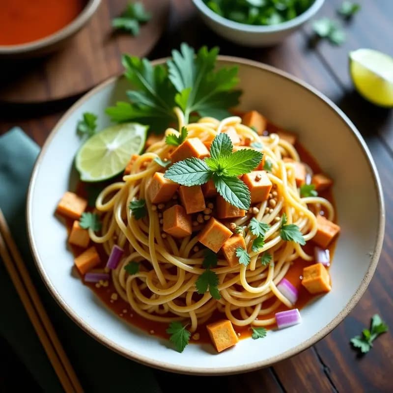 Plato hondo negro con Pad Thai tailandés de fideos de calabacín espiralizado, tofu dorado, brotes de soja, cebolla morada, cacahuetes tostados y cilantro fresco, decorado con rodajas de lime y hierba de limón.