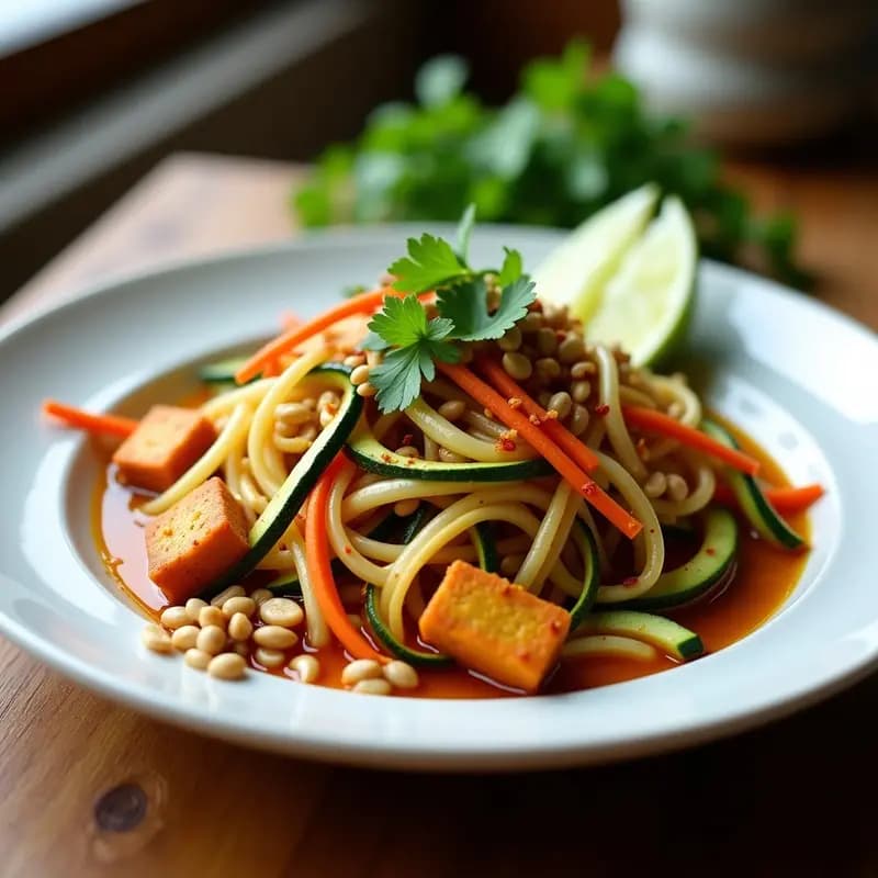 Plato de Pad Thai tailandés low-carb con tiras de calabacín y zanahoria salteadas, tofu dorado, brotes de soja, cacahuetes tostados y cilantro fresco, bañado en salsa de tamarindo brillante.