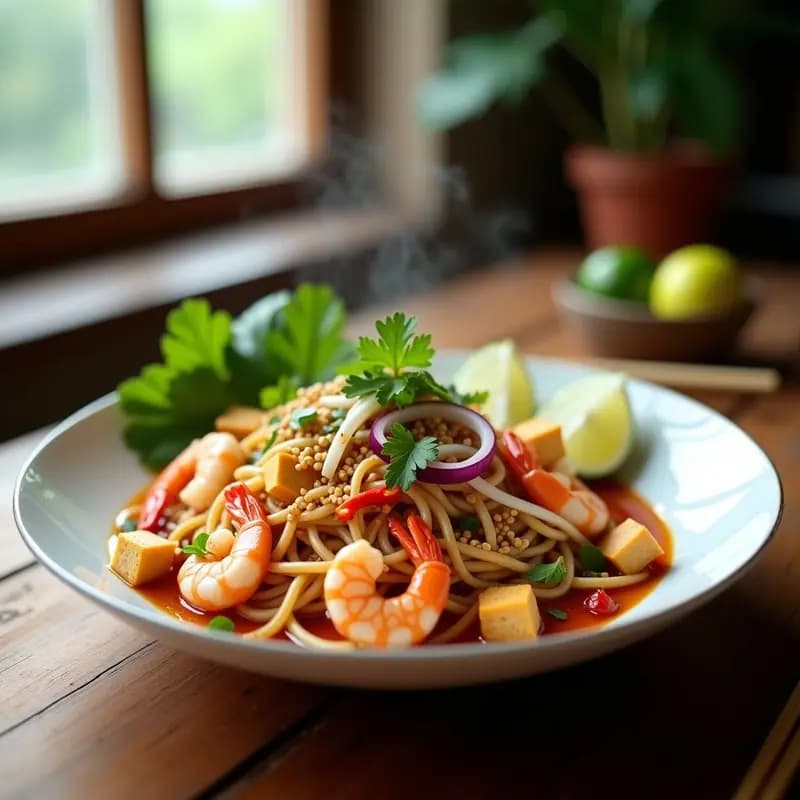 Plato de Pad Thai de camarones con cacahuetes y lima en un bol de cerámica blanca, decorado con gajos de lima, cacahuetes picados, cilantro fresco y rodajas de cebolla morada sobre una mesa de madera rústica. Receta tailandesa original con fideos de arroz salteados.