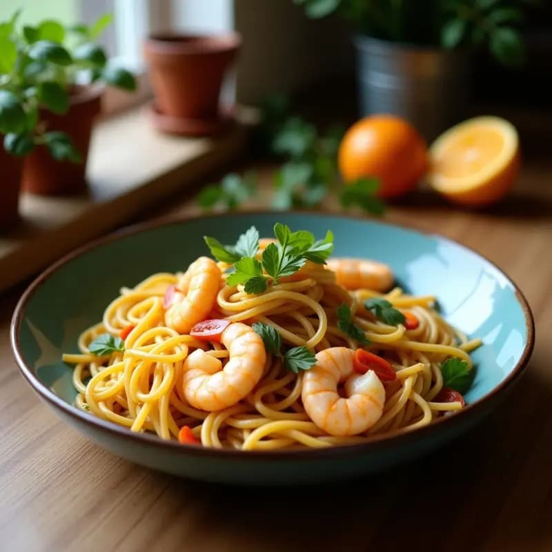 Plato hondo de cerámica blanca con Pad Thai de camarones y mango verde, fideos de arroz dorados salteados con trozos de camarón rosado, juliana de mango verde brillante, brotes de soja, cacahuetes machacados y hojas de cilantro fresco. Rodaja de limón al lado sobre fondo de madera oscura.