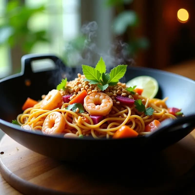 Plato de Pad Thai de camarones y mangostán servido en wok, con fideos dorados, camarones rosados, gajos de mangostán brillante y cacahuetes tostados espolvoreados, decorado con cilantro fresco y rodaja de limón kaffir.