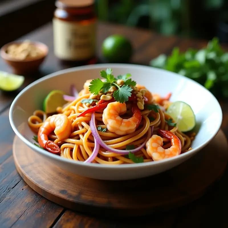 Plato hondo de cerámica blanca con Pad Thai de camarones con salsa tamarindo, fideos de arroz salteados, camarones rosados, tofu dorado, brotes de soja, cacahuetes picados, cilantro fresco y gajos de lime, sobre fondo de madera rústica con utensilios tailandeses.