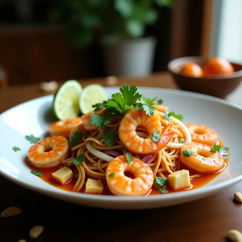 Plato hondo de cerámica negra con Pad Thai de camarones tailandés: fideos de arroz dorados salteados con camarones rosados, tofu dorado, brotes de soja crujientes, cebolla morada en juliana y cacahuetes triturados. Decorado con hojas de cilantro fresco y cuñas de limón, con un fondo de salsa brillante de tamarindo.