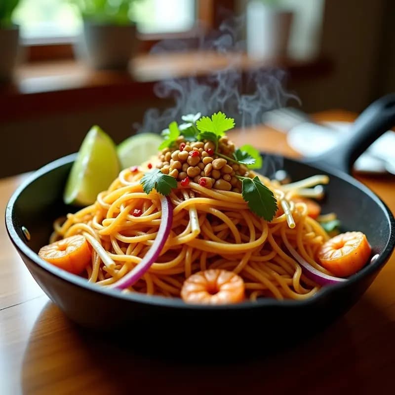 Plato de Pad Thai de camarones con tamarindo y cacahuates en sartén de hierro, fideos de arroz dorados salteados con camarones rosados, brotes de soja, cebolla morada, cacahuates tostados y cilantro fresco, decorado con rodajas de lima y chile rojo.