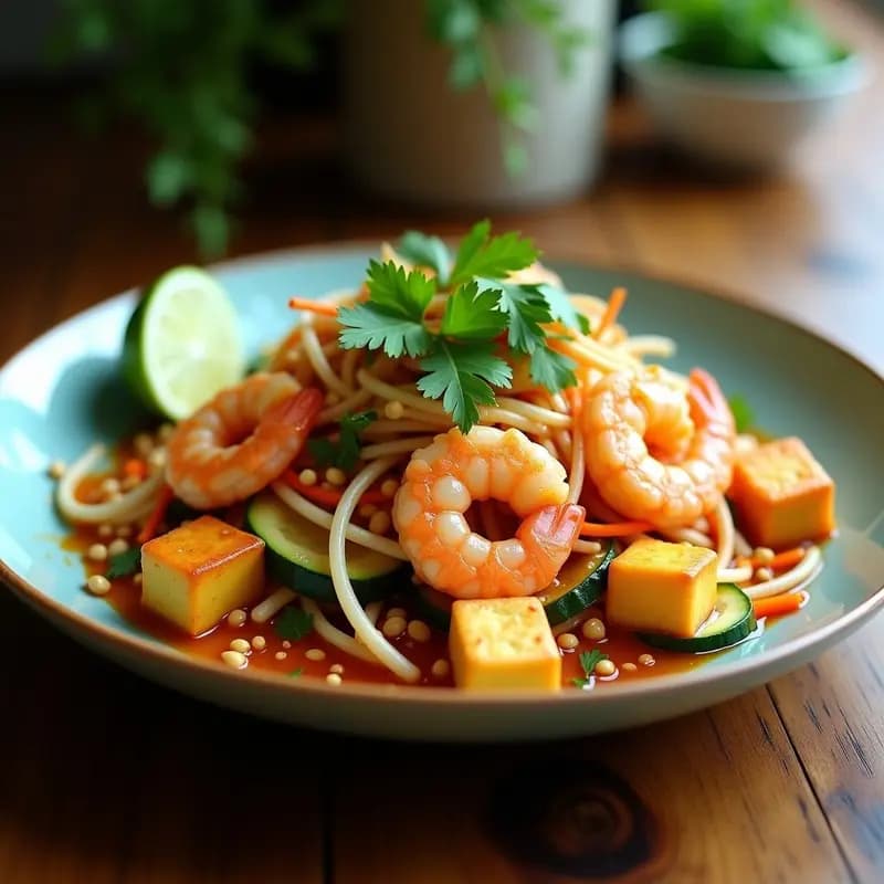 Plato de Pad Thai tailandés bajo en calorías con camarones jugosos, tofu dorado y crujiente, juliana de calabacín y cebolla morada, germinados de soja frescos, cacahuetes triturados y cilantro, servido en un bol blanco con rodaja de lima. Receta en Airfryer.