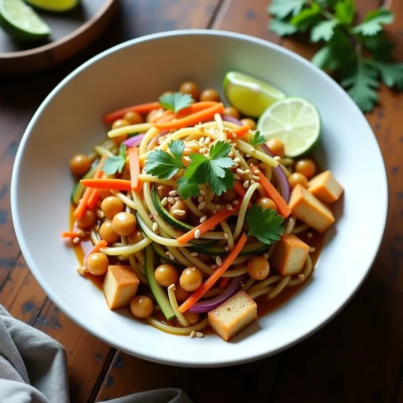 Plato hondo de cerámica blanca con Pad Thai de garbanzos y calabacín, fideos de calabacín espiralizado, garbanzos tostados dorados, trozos de tofu, zanahoria juliana, brotes de soja y cacahuetes picados. Decorado con cilantro fresco y rodajas de limón, con un fondo de madera rústica.