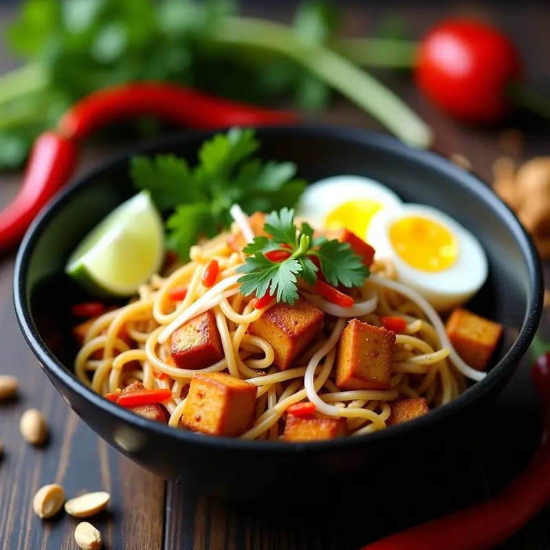 Plato de Pad Thai keto con fideos de konjac transparentes, tofu dorado crujiente, huevo revuelto, brotes de soja, cebolla morada, cacahuetes tostados y cilantro fresco, servido en un bol negro con cuña de limón verde y guindilla al lado.