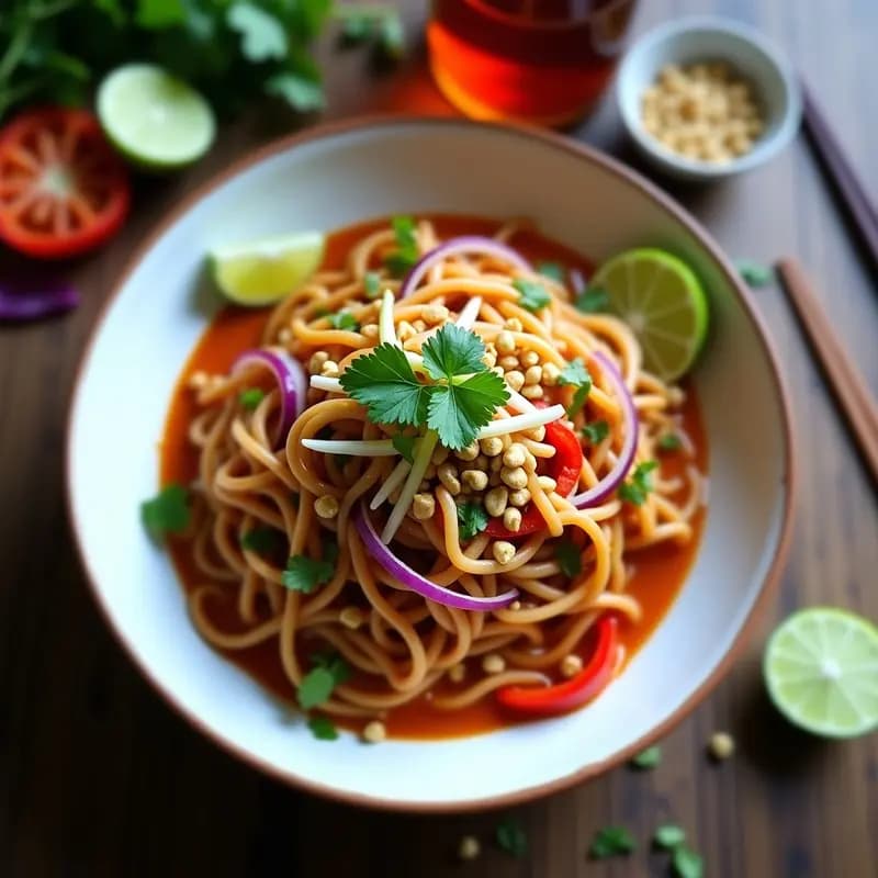 Plato colorido de Pad Thai vegano con lentejas rojas, verduras salteadas, cacahuetes tostados y cilantro fresco, servido en un bol de cerámica blanca con gajos de limón verde al lado.