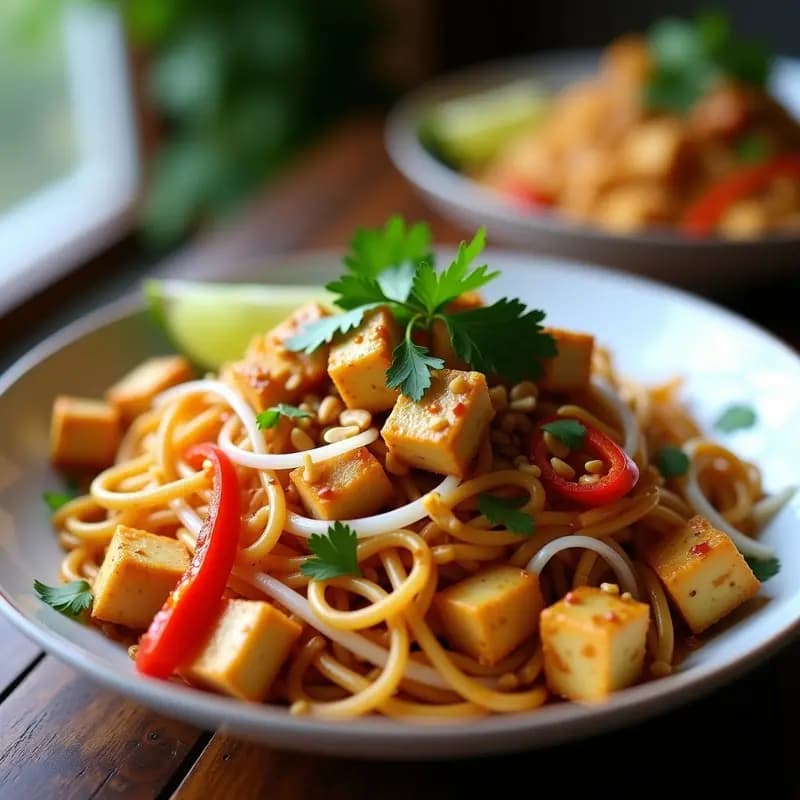 Plato hondo de cerámica blanca con Pad Thai de fideos de lentejas rojas, tofu dorado, brotes de soja, cebolla morada y pimiento rojo salteados, bañado en salsa de tamarindo y cacahuete. Decorado con cacahuetes picados, cilantro fresco y rodajas de limón al lado. Receta tailandesa sin gluten y baja en calorías.