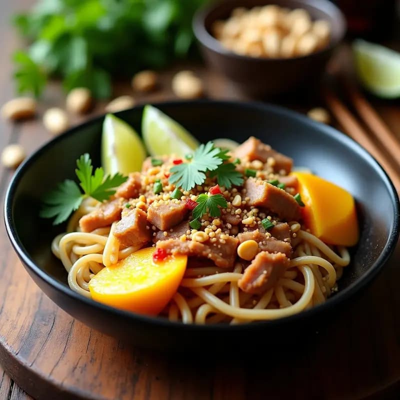Plato hondo de cerámica negra con Pad Thai de Pernil y Mango: fideos de arroz salteados con tiras de pernil dorado, juliana de mango maduro, cacahuetes tostados y cilantro fresco, decorado con gajos de lima y brotes de soja.