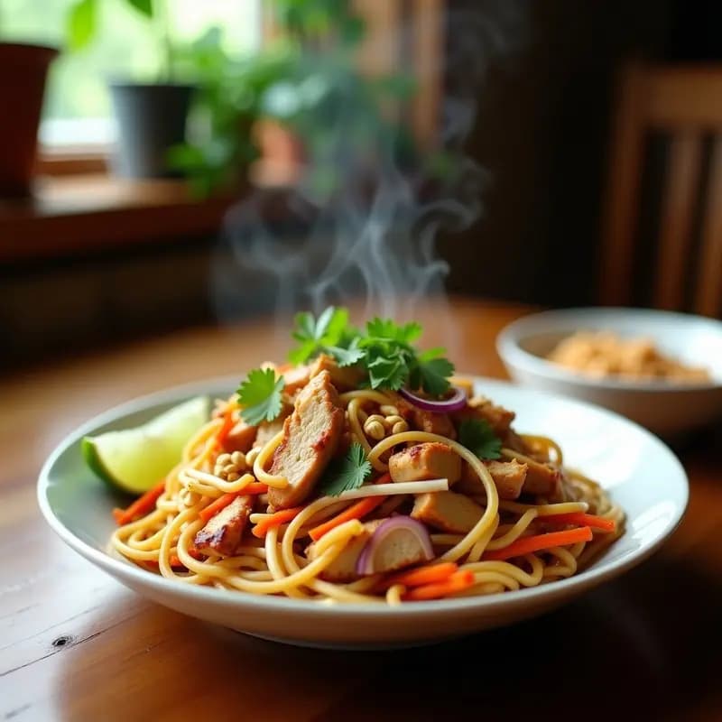 Plato hondo de cerámica blanca con Pad Thai de pollo con fideos de arroz dorados, trozos de pollo jugoso, huevo revuelto, brotes de soja frescos y cacahuetes tostados espolvoreados. Acompañado de gajos de lima y hojas de cilantro verde. Receta tailandesa auténtica y fácil.