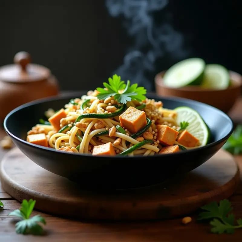 Pad Thai keto en wok con tiras de calabacín y coliflor salteadas, tofu ahumado dorado, brotes de soja frescos, cacahuetes triturados y cilantro. Plato tailandés bajo en carbohidratos con salsa de tamarindo y limón.