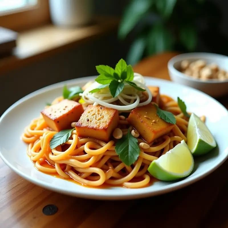 Plato colorido de Pad Thai vegano con fideos de arroz dorados, tofu crujiente dorado, cacahuates tostados, brotes de soja frescos, cebolla morada en juliana, cilantro verde y gajos de lima. Receta tailandesa alta en proteína y sin gluten.