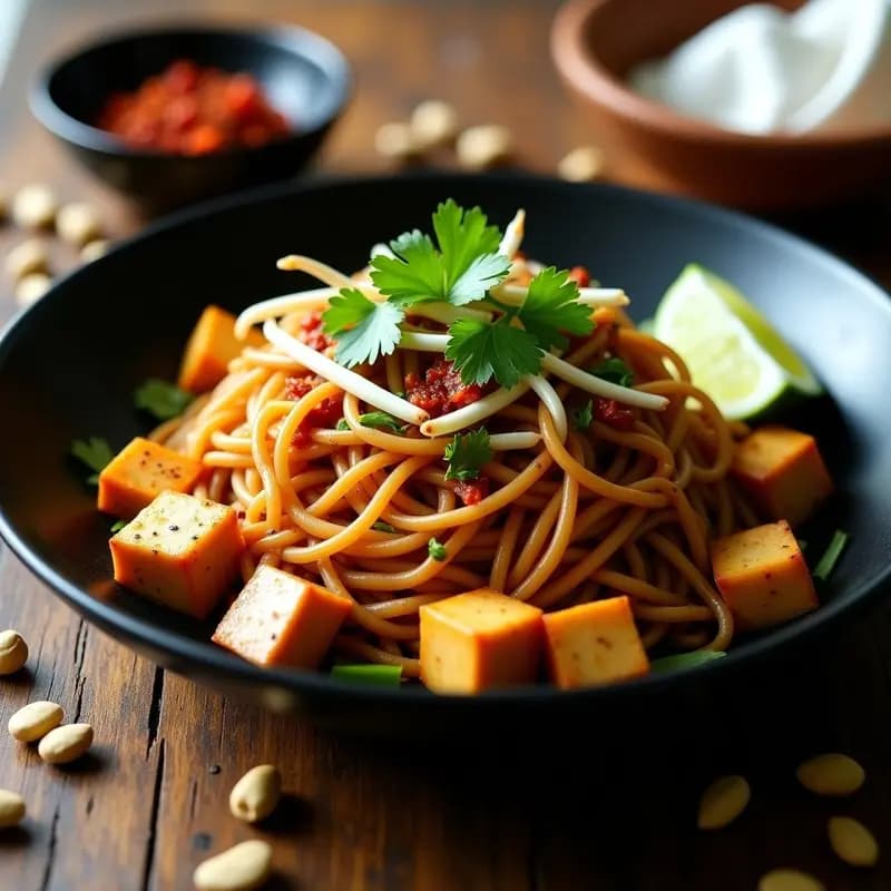 Plato hondo de cerámica negra con Padraig Thai vegano: fideos de arroz integrales salteados con tofu dorado, cacahuetes tostados, brotes de soja, cilantro fresco y rodajas de lima, receta picante y alta en proteína.
