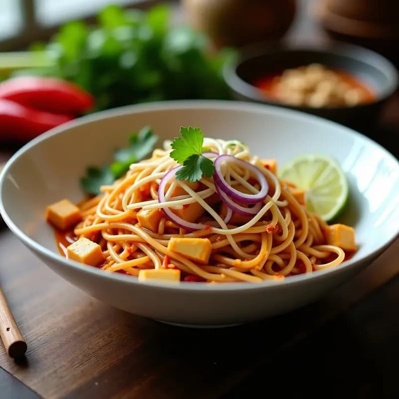 Plato colorido de Pad Thai tailandés vegano con fideos de arroz blancos, tofu dorado, brotes de soja, cebolla morada, cacahuetes picados y cilantro fresco, servido en un bol de cerámica con fondo oscuro.