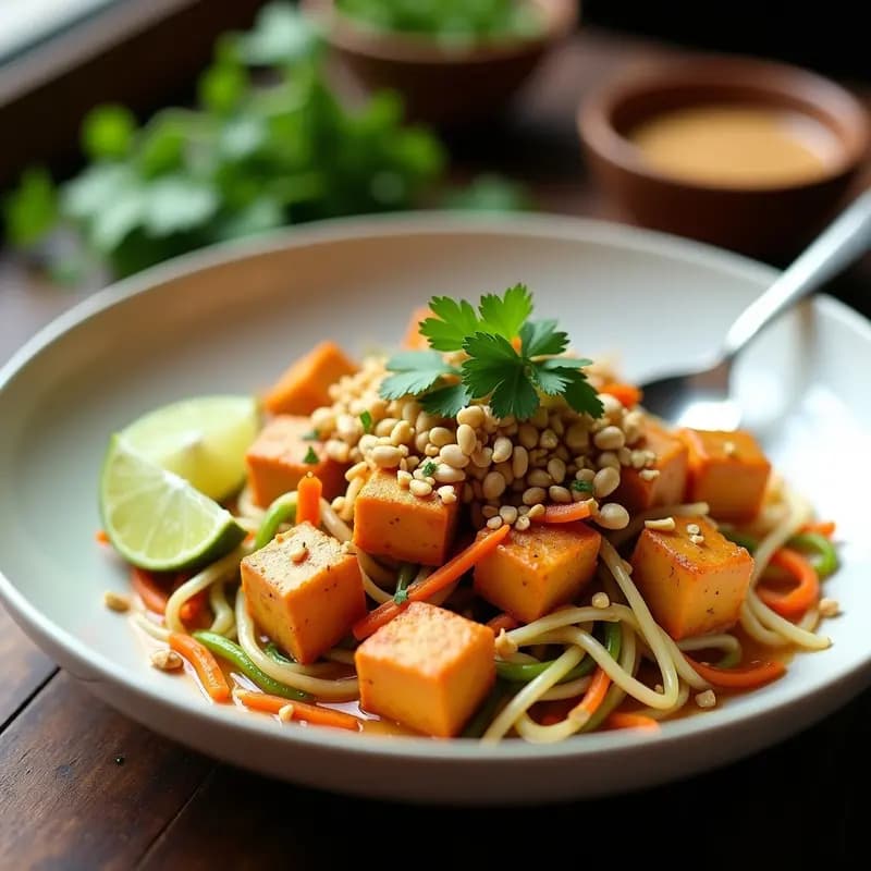 Plato colorido de Pad Thai vegano sin fideos, con tiras de coliflor y calabacín salteadas, tofu dorado, germinados de lenteja y rábano frescos, cacahuetes triturados y cilantro. Receta tailandesa alta en proteína y baja en carbohidratos.