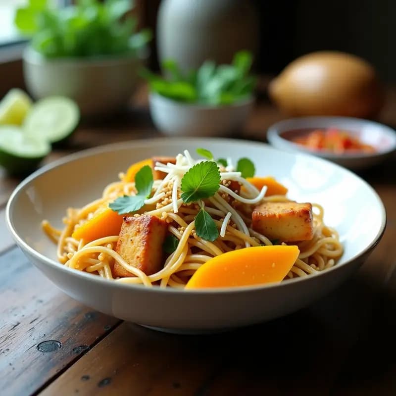 Plato de Pad Thai vegano con fideos de arroz, tofu dorado, tiras de mango maduro, germinados de soja, cacahuetes picados y hojas de menta fresca, servido en un bol blanco con fondo de madera rústica.