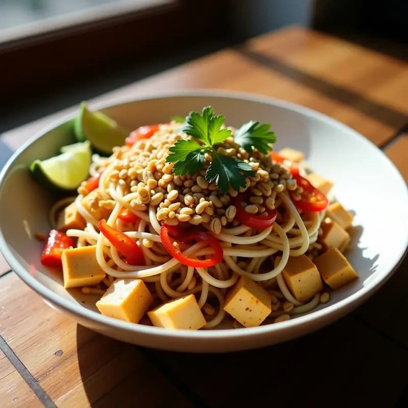 Plato hondo de cerámica negra con Pad Thai vegano: fideos de arroz dorados salteados con tofu dorado en cubos, cacahuetes triturados tostados, brotes de soja frescos, rodajas de lima y cilantro. Receta tailandesa sin huevos con salsa brillante de tamarindo.