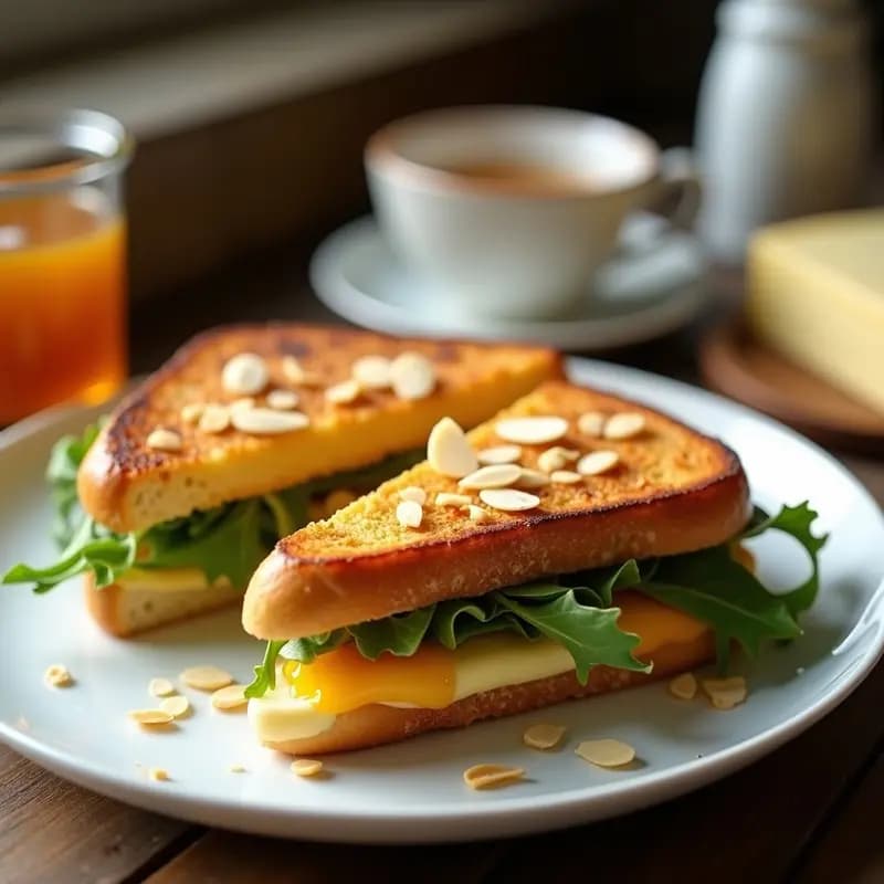 Paddington Sandwich servido en plato blanco: dos triángulos de pan brioche tostado rellenos de queso brie cremoso, mermelada de naranja amarga y almendras laminadas, con rúcula baby asomando. Receta británica gourmet en 10 minutos.