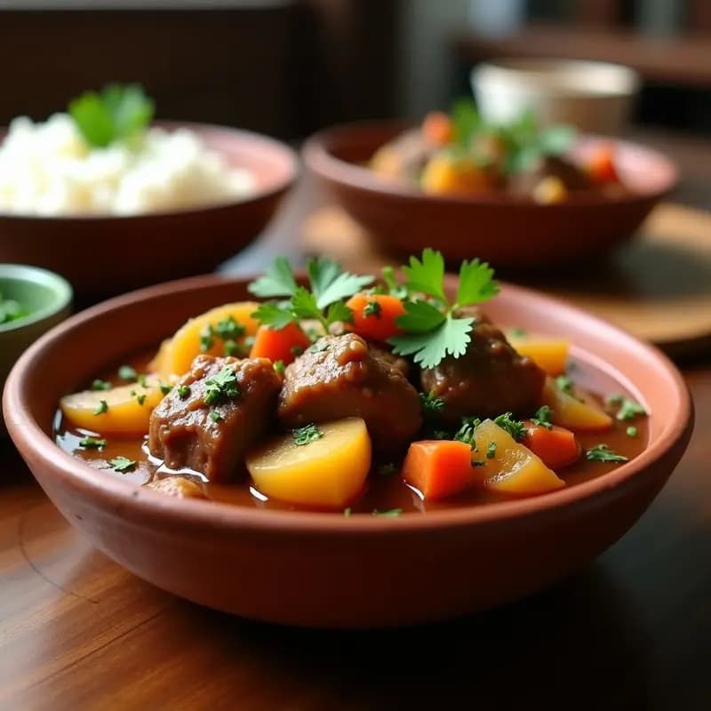 Plato hondo de barro con Padre de Chivo Dominicano, estofado de cabra en salsa espesa con trozos de papa, zanahoria y especias locales, servido con arroz blanco y decorado con cilantro fresco.