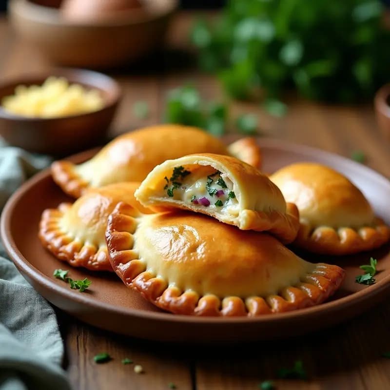 Empanadas Padre Pio de pollo y queso doradas y crujientes en una bandeja de madera, servidas con chimichurri verde y rodajas de limón, cocinadas en Airfryer.