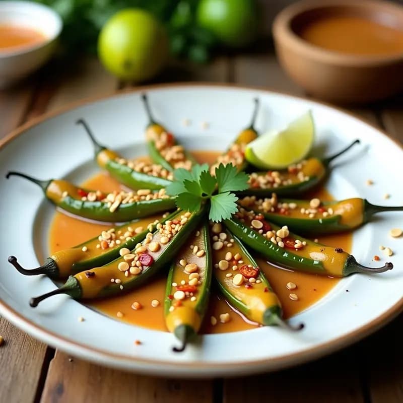 Plato blanco con pimientos del padrón dorados y crujientes, bañados en salsa de cacahuete y lima, decorados con cacahuetes tostados, semillas de sésamo y cilantro fresco. Entrante picante y crujiente de fusión tailandesa.