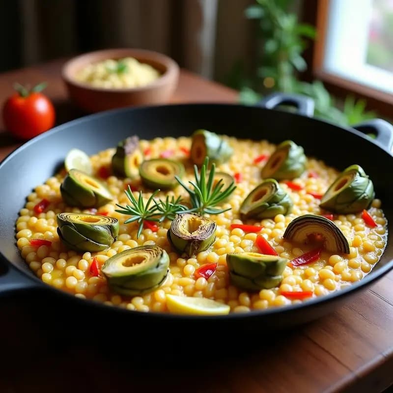 Paellera de hierro con paella de alcachofas y garrofó vegana y sin gluten, mostrando el socarrat dorado en el fondo, alcachofas tiernas, garrofó cremoso y decoración con aceitunas negras y romero fresco.