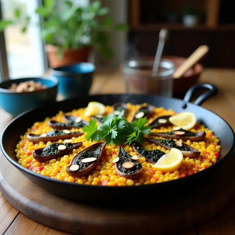 Paellera de acero con paella vegana de algas y champiñones Portobello con azafrán, decorada con rodajas de limón y hebras de azafrán, sobre fondo rústico de madera con hierbas frescas.