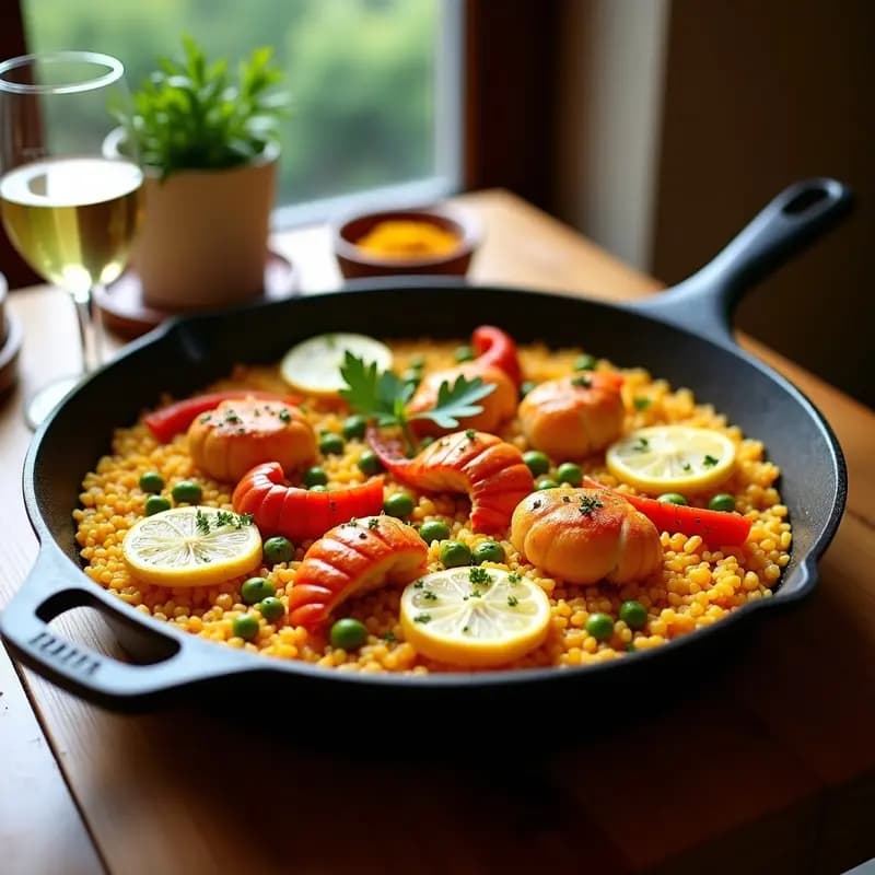 Olla ancha de hierro con paella de bogavante y azafrán, arroz meloso con trozos de bogavante naranja, guisantes verdes y tiras de pimiento rojo. Decorada con gajos de limón y hebras de azafrán sobre fondo rústico de madera.