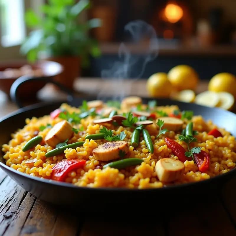 Paella vegana de jackfruit y azafrán en paellera de acero, con arroz dorado, hebras de jackfruit, alcachofas, guisantes y perejil fresco. El plato emana un aroma cálido y presenta un socarrat ligero en el fondo.