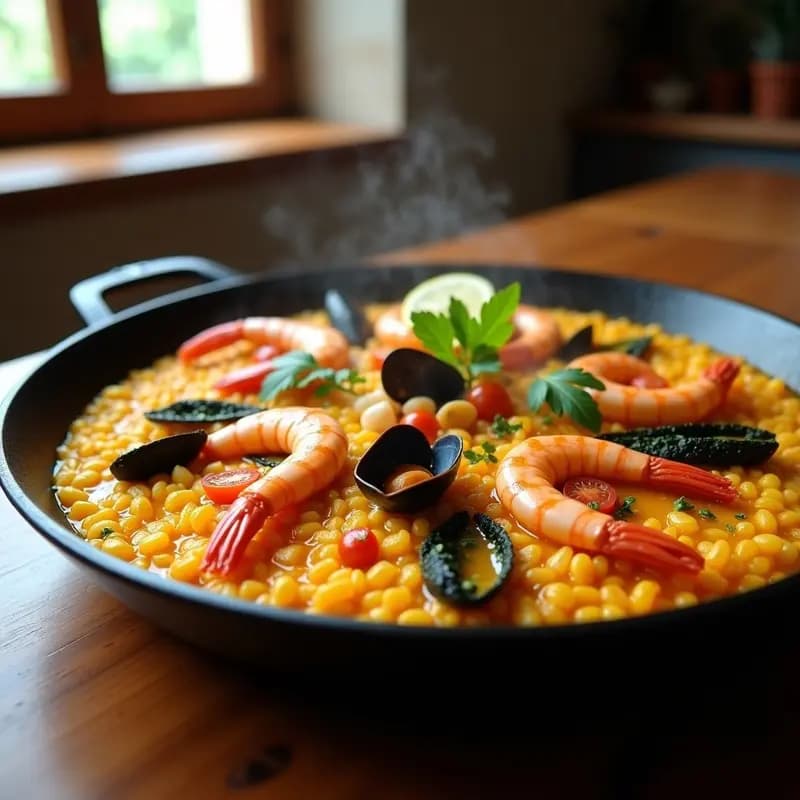 Paellera de acero con paella de marisco y algaria valenciana, arroz dorado con socarrat, gambas rojas, algarías gelatinosas, mejillones y calamares, decorada con gajos de limón y hebras de azafrán.
