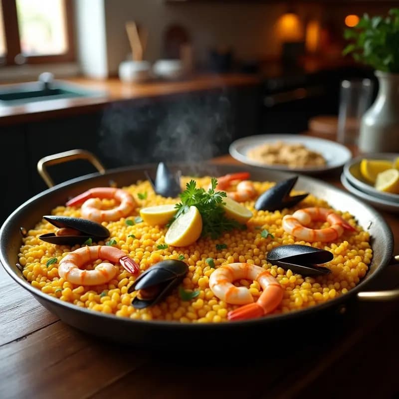Paellera tradicional de acero con paella de marisco humeante, arroz bomba dorado, gambas rosadas, mejillones abiertos y calamares, decorada con perejil fresco y gajos de limón, fondo rústico de cocina valenciana.