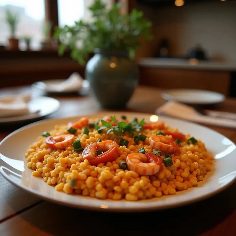 Paellera de acero con paella de marisco y arroz integral humeante, gambas rosadas, mejillones abiertos y calamares sobre un fondo dorado de arroz integral. Decorada con perejil fresco y gajos de limón, con un toque rústico y tradicional valenciano.