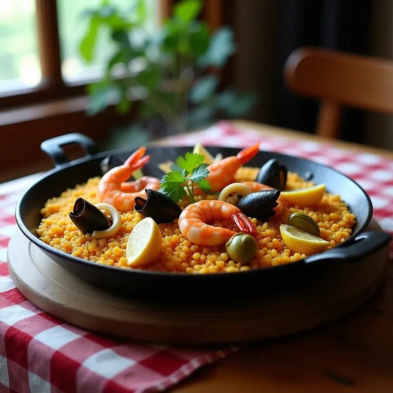 Paella de marisco con azafrán y alcachofas en olla rápida, servida en plato hondo de barro. Arroz dorado por el azafrán, gambas rojas, mejillones abiertos y alcachofas tiernas. Decorada con perejil fresco y gajos de limón.